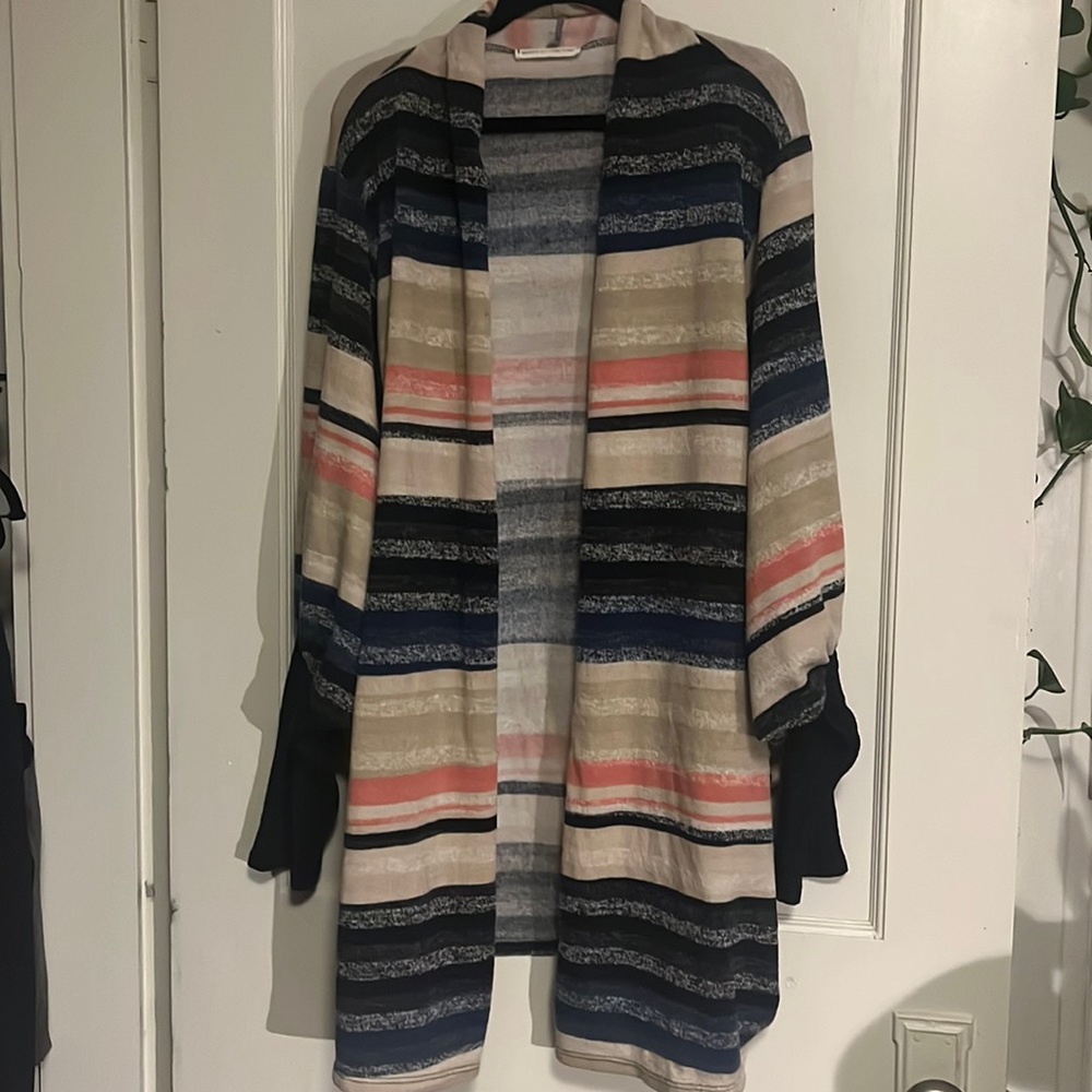 Striped open front long cardigan